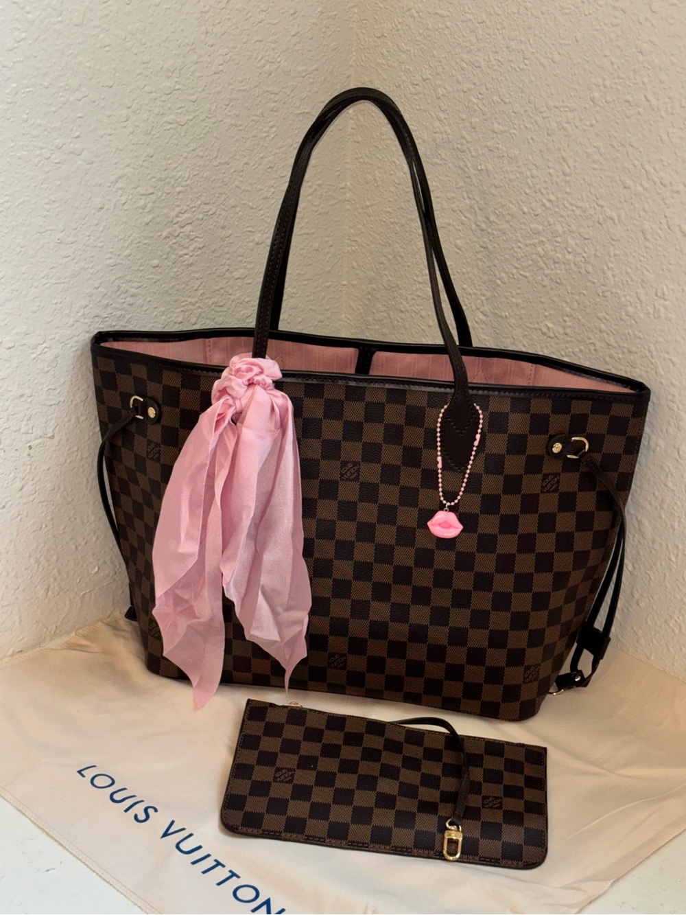 Brown checkered Tote with Pink Interior and Accents